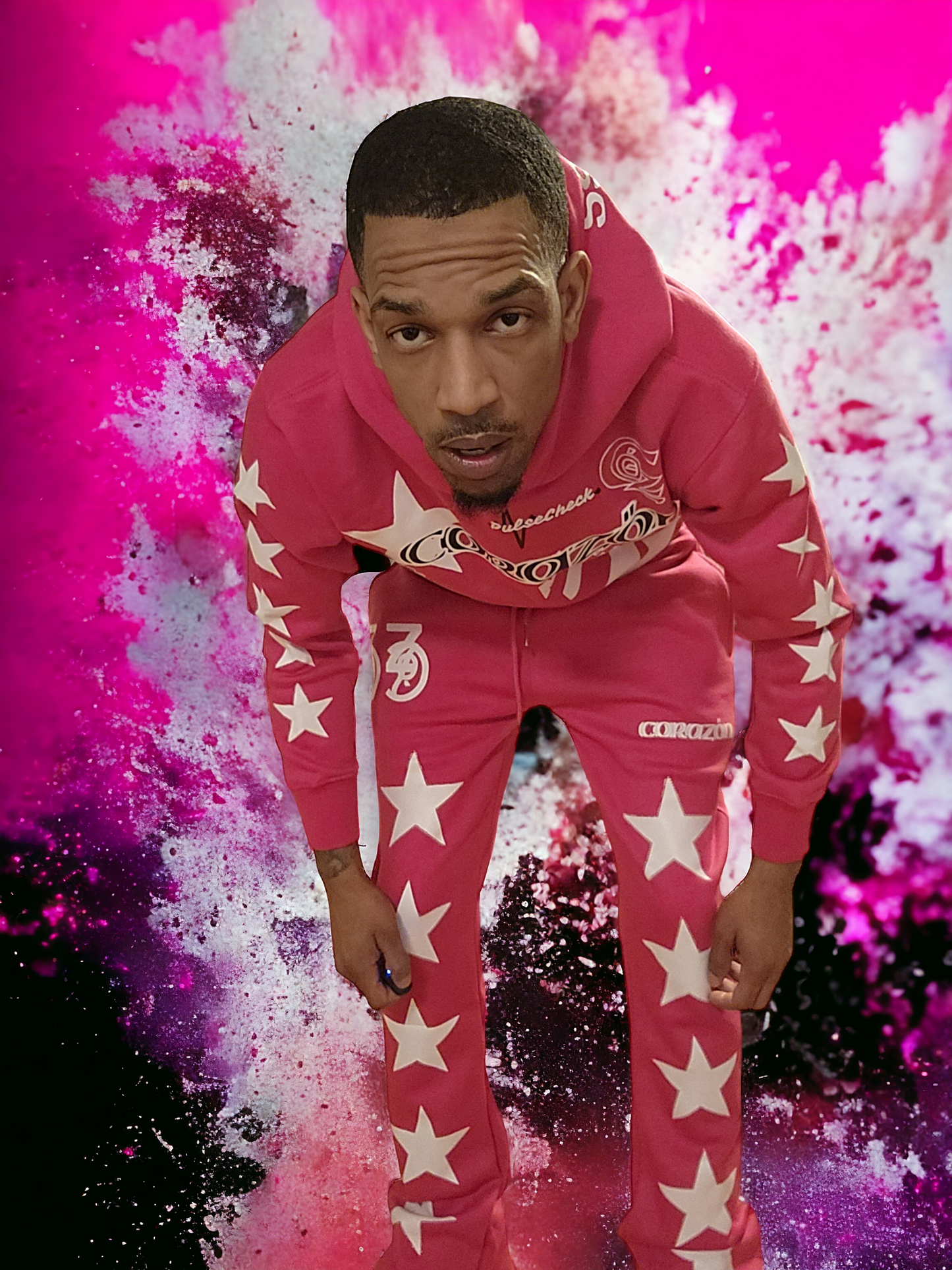 Ping Flavored, sweatsuit stars, Corazon, Pulse Check, logos on the front of the hoodie. The race bigger than the war embroidered on the back of the hoodie.
